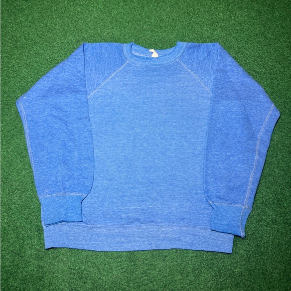 Vintage 70s Flocked Light Blue Faded XS 20x22 Cotton Acrylic Crewneck Sweatshirt